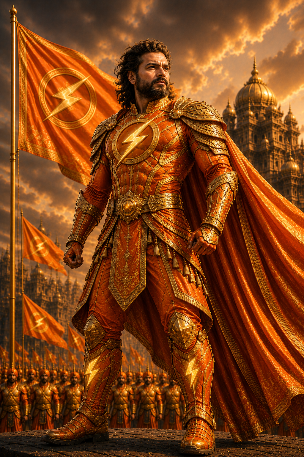 Full-length canonical artwork of King Manuki in royal armour
