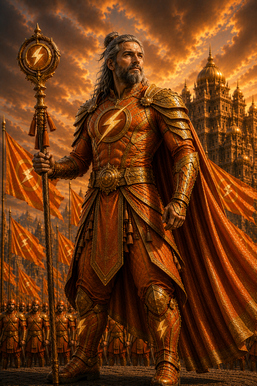 Full-length canonical artwork of Rasant carrying the sacred staff